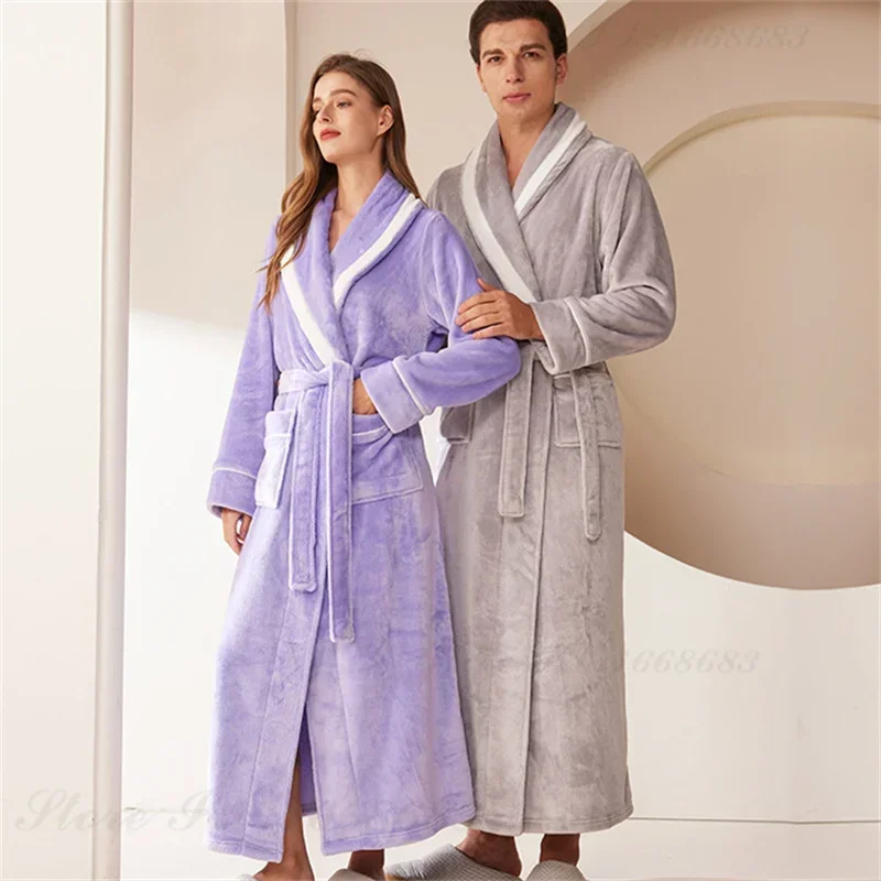 Couple Sleepwear Flannel Men Long Robe Large Size 3XL Autumn Winter Home Clothing Thicken Warm Coral Fleece Bathrobe Lounge Wear