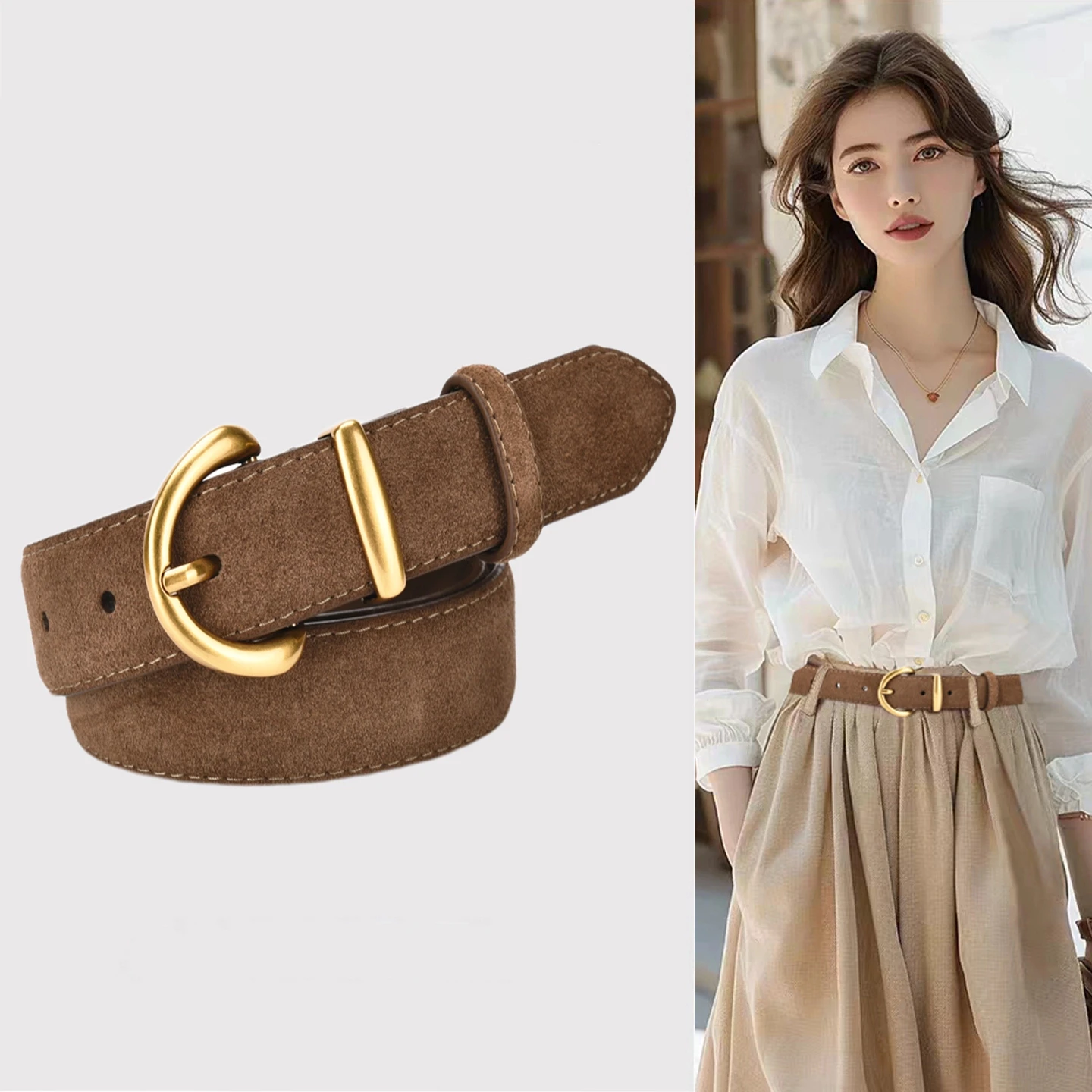 เข็มขัดหนังกลับสำหรับผู้หญิง ฤดูใบไม้ร่วง ฤดูหนาว สไตล์เรโทร แฟชั่น พร้อมหัวเข็มขัดโลหะผสม เข็มขัดเส้นใหญ่สำหรับกางเกงยีนส์และกางเกงขายาวทรงกว้าง