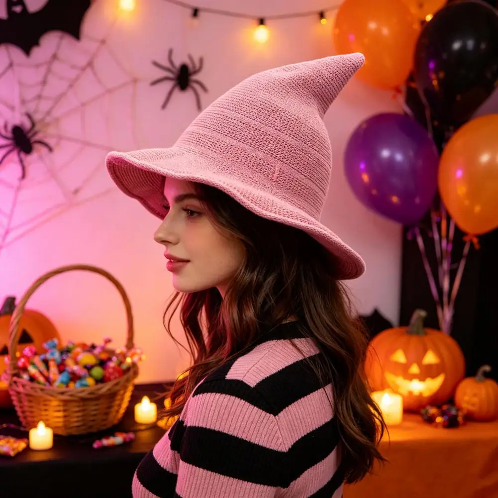 Women Pointed Witch Hat Foldable Wide Brim Knitted Cap Halloween Cosplay Hat for Autumn Winter Themed Party Costume Accessory