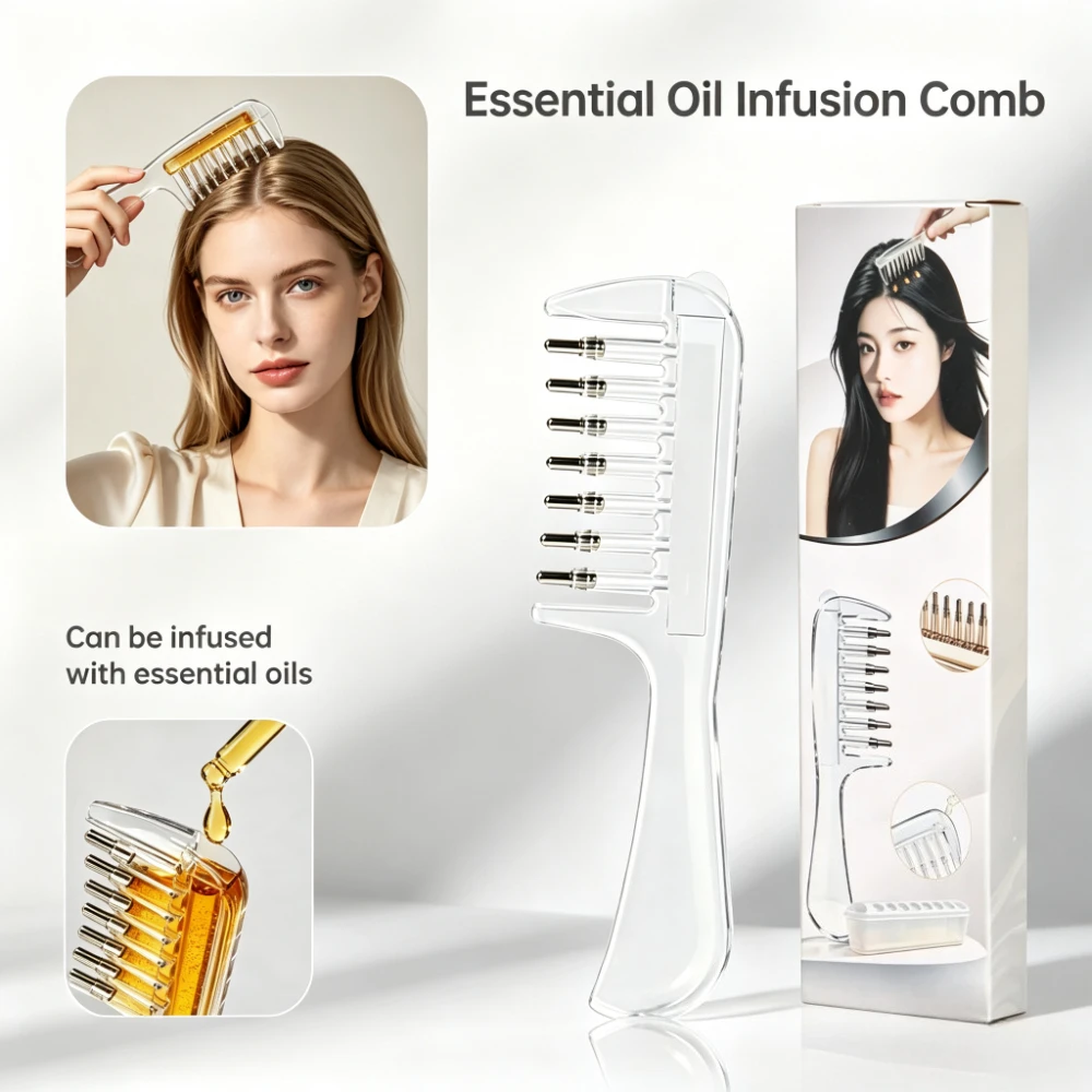 Portable Transparent Scalp Liquid Guide Comb, Built‑in Reservoir Metal Rolling Teeth for Hair Growth & Beard Oil Home Salon Tool