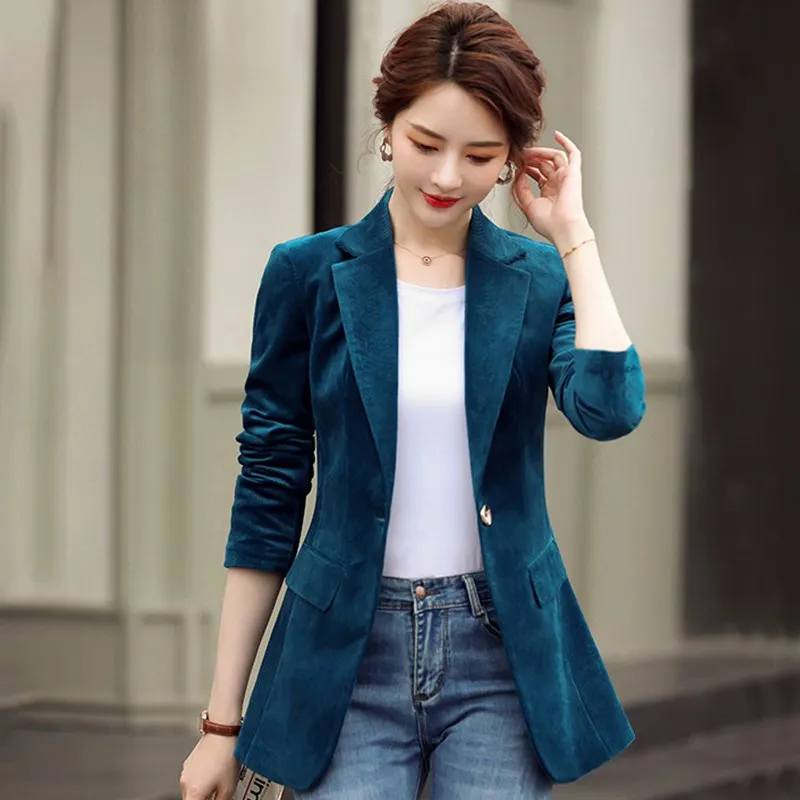 New Spring Fashion Women Midnight Navy Slim Corduroy Blazer Office Lady Single Button Suit Jacket Coat Girl Party Clothing Gift