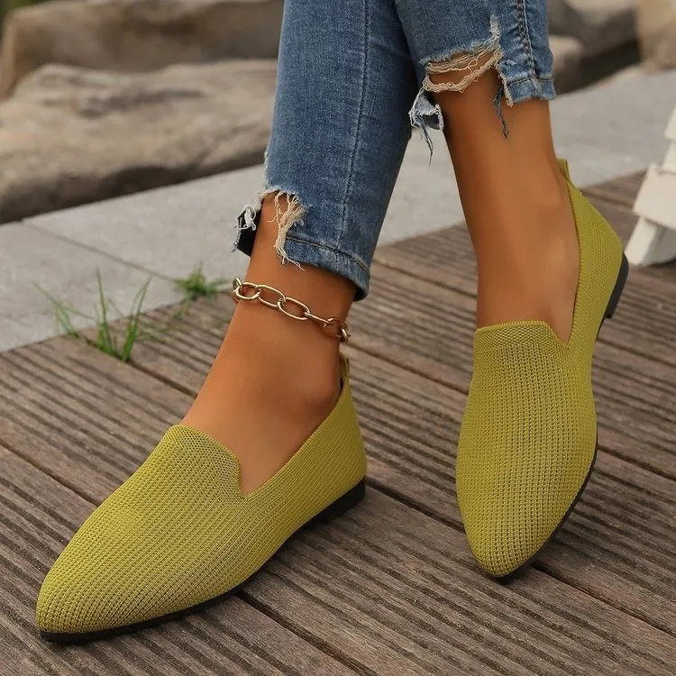 

European style plus size pointed mesh flat sole single shoes for women shallow mouth breathable all season work shoes for women