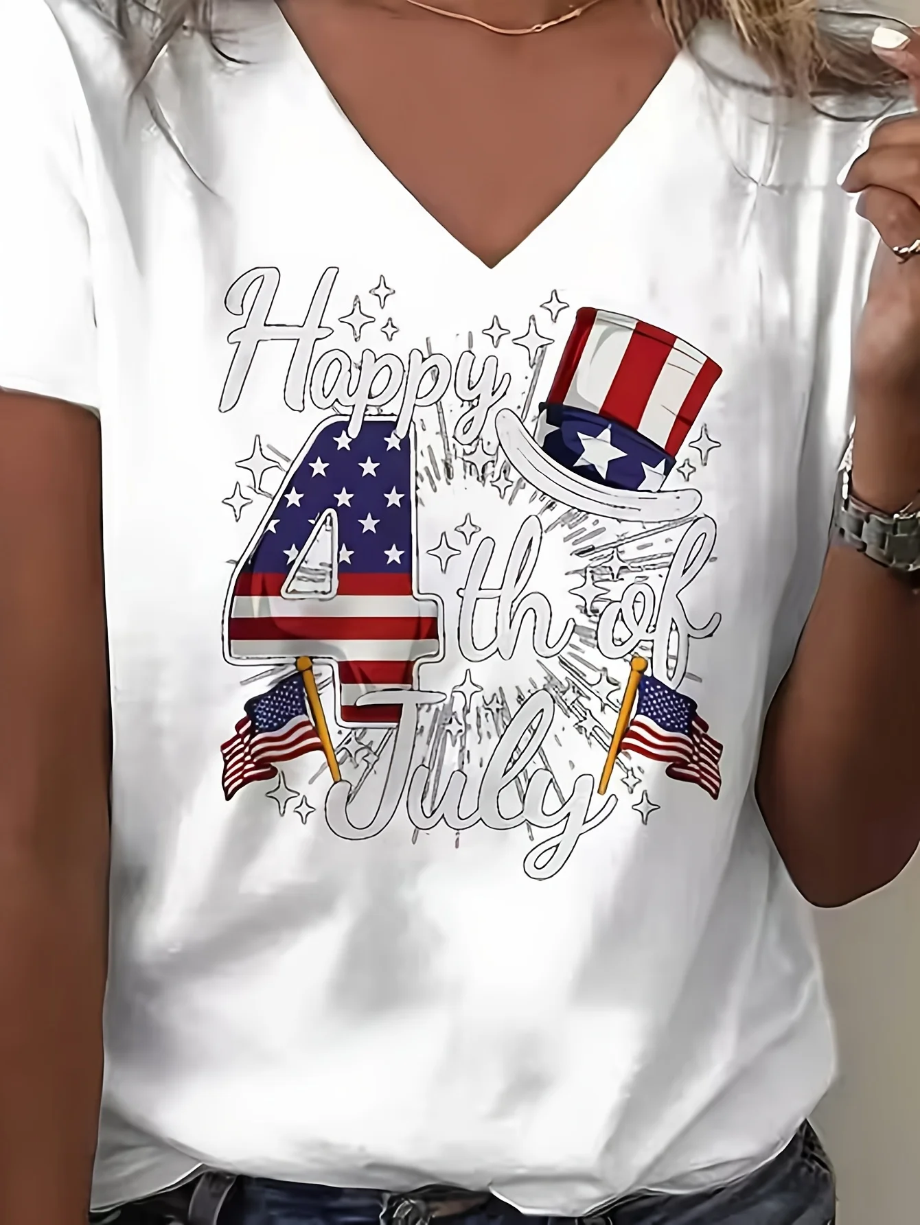 American casual style Independence Day fireworks and stars and stripes elements creative printed pattern V-neck T-shirt, comfortable and versatile and thin, very suitable for home, going out or giving gifts | Ideal choice for Mother's Day, etc