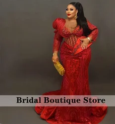 Luxury Red Mermaid Evening Dress Crystal Beading Birthday Wedding Prom Party Gowns Aso Ebi Robes De Soirée Customized