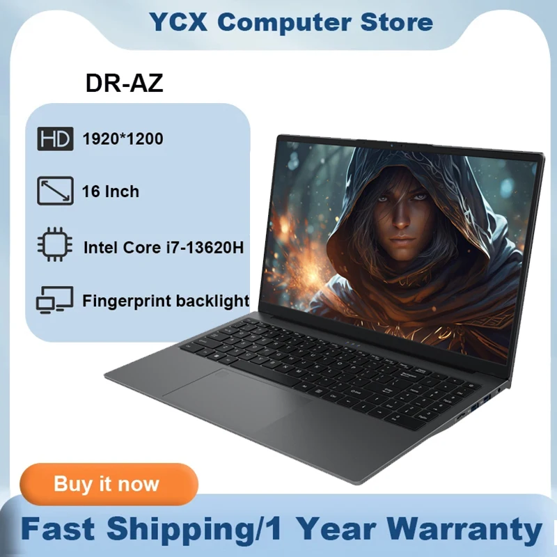 โน้ตบุ๊กเกมมิ่ง DR-AZ Intel Core i7-13620H ขนาด 16 นิ้ว 64GB 2TB ความละเอียดหน้าจอ 1920*1200 แบตเตอรี่ 5000 mAh ระบบปฏิบัติการ Windows 11 รองรับลายนิ้วมือ พร้อมไฟแบ็คไลท์