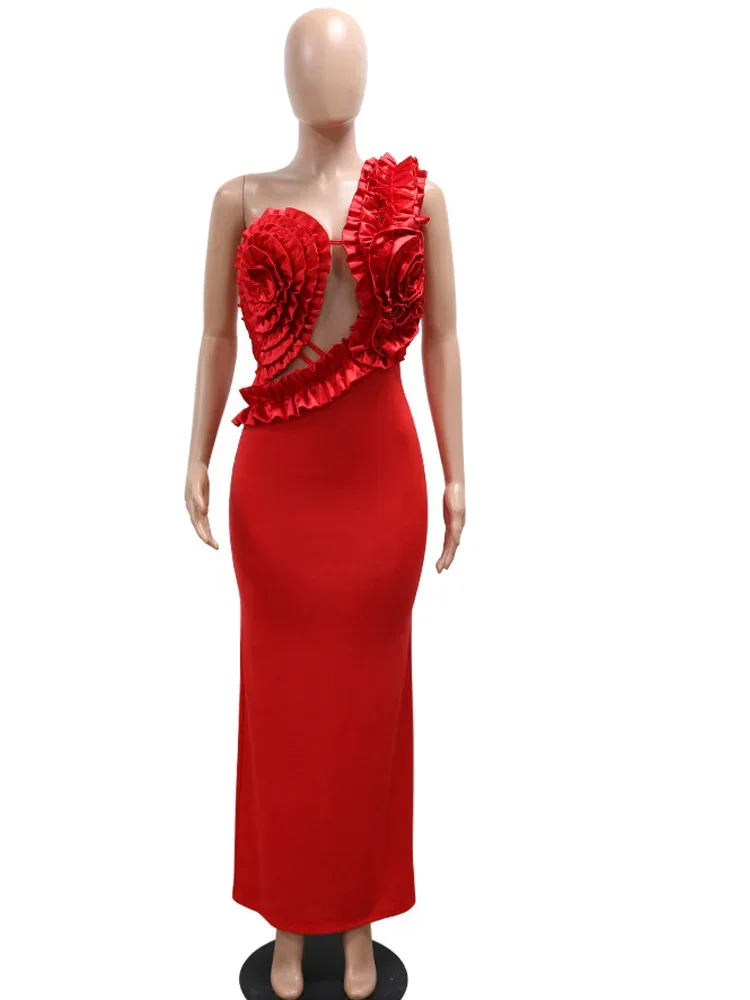 

Women's Rose Details Cut-Out Long Midi Dresses Glam Sleeveless Red Floral Night Out Party Dresses New Year Vestido Robe