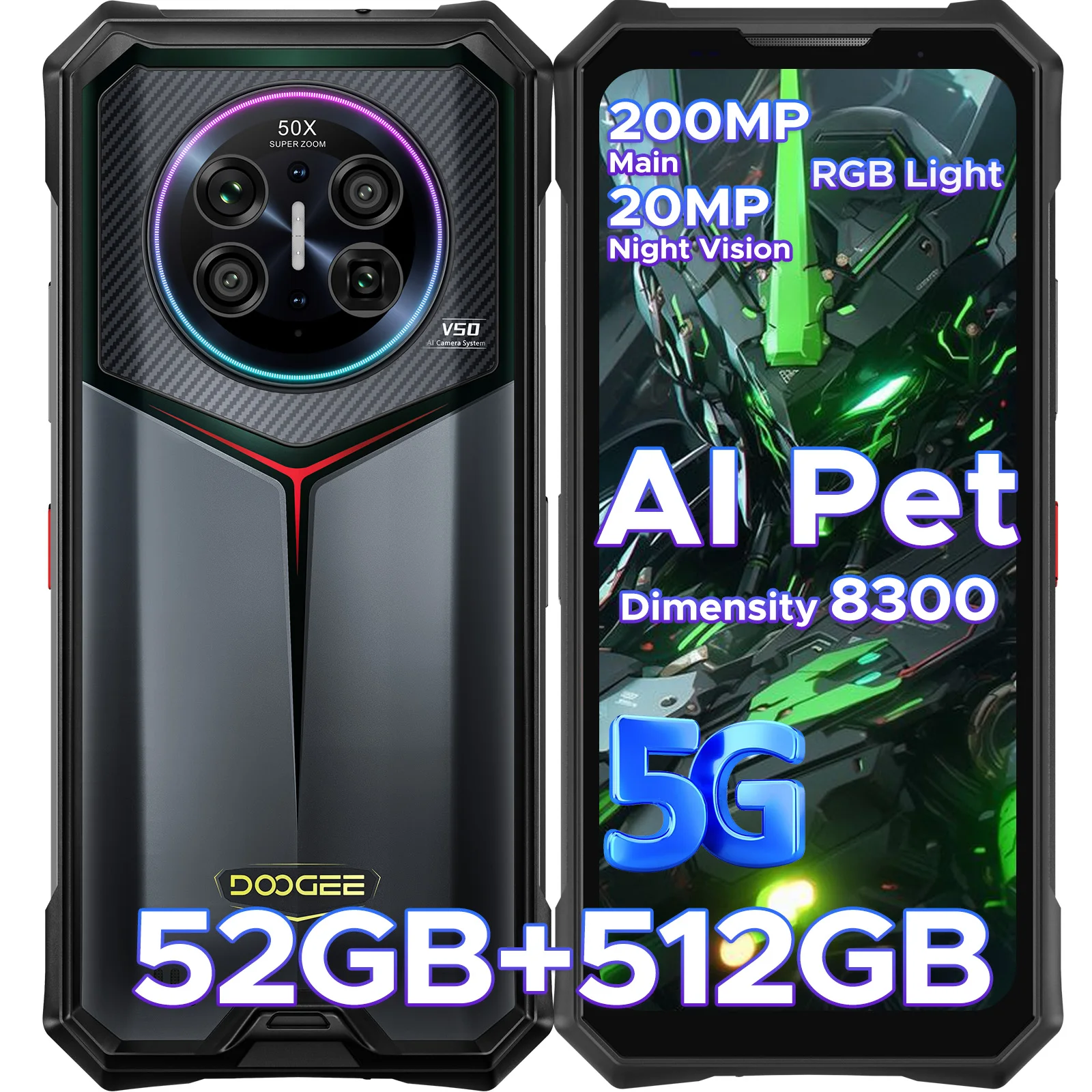 DOOGEE V50 AI 5G robuuste telefoon 52GB RAM (16+36) 512GB ROM Dimensity 8300 200MP camera 20MP nachtzichtcamera Android 16 ondersteunt walkie-talkie RGB sfeerverlichting