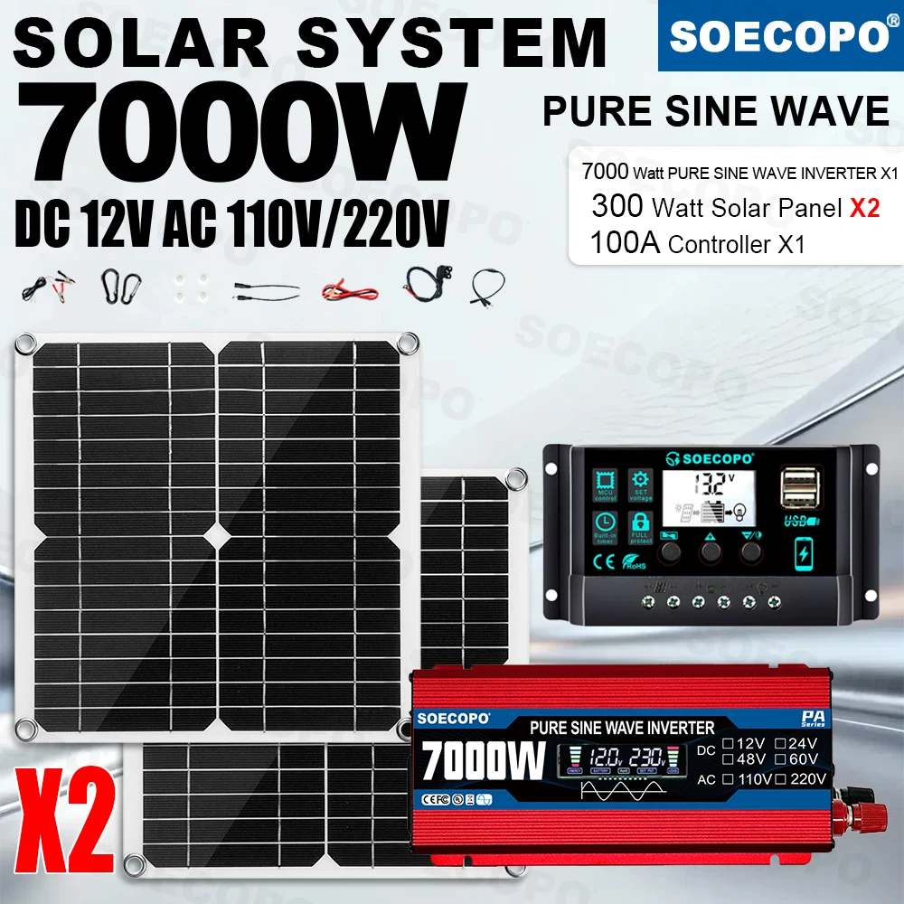 SOECOPO 7000W Pure Sine Wave Solar Panel Kit 2 Panels Controller 12V 110V220V Inverter for Devices Outdoor Off-Grid Applications