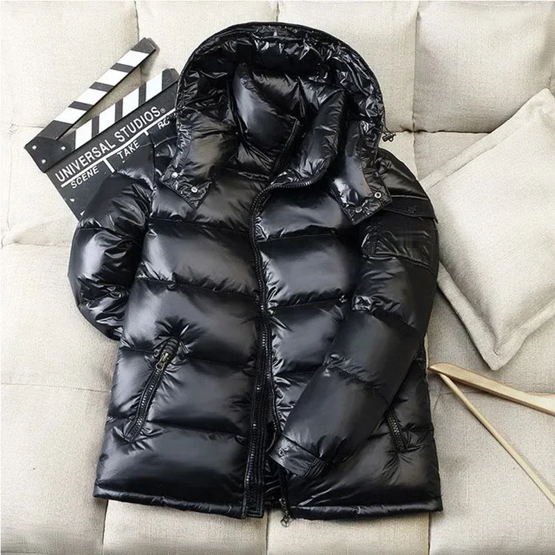 Glossy Thick Down Jacket Men Winter Warm Hooded Jackets Male Casual Loose Waterproof Solid Color White Duck Down Couple Coats