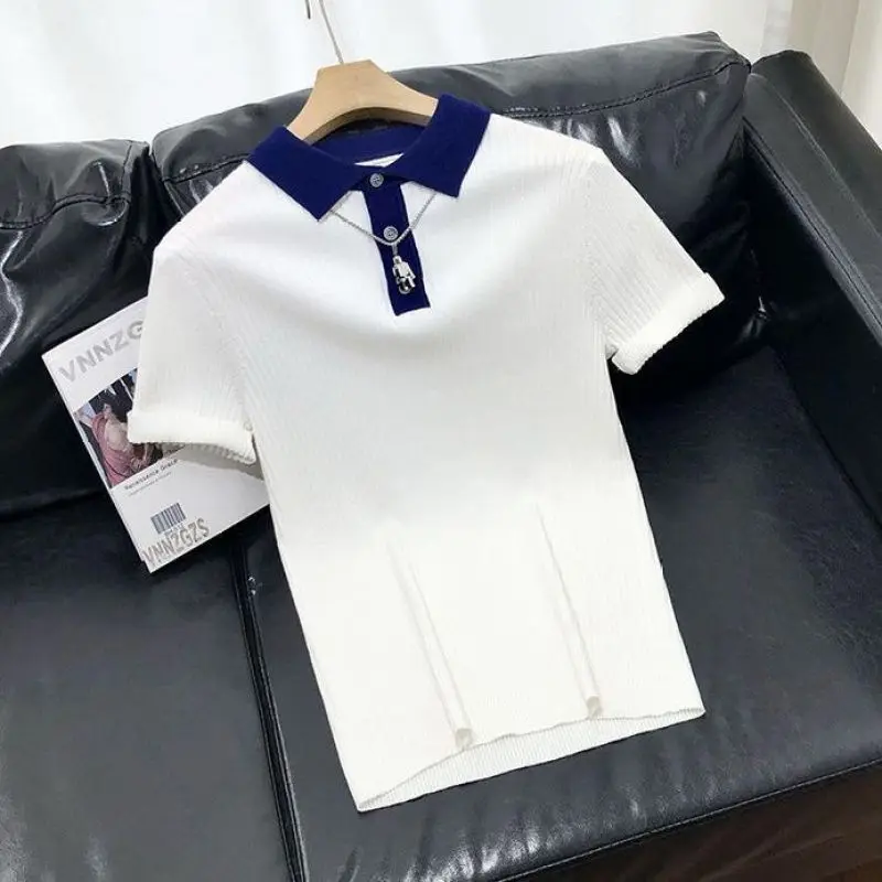 2024 New Summer High-end Temperament Men\'s Fashion Contrasting Color Casual Minimalist Slim Fit Short Sleeved Knitted Polo Shirt