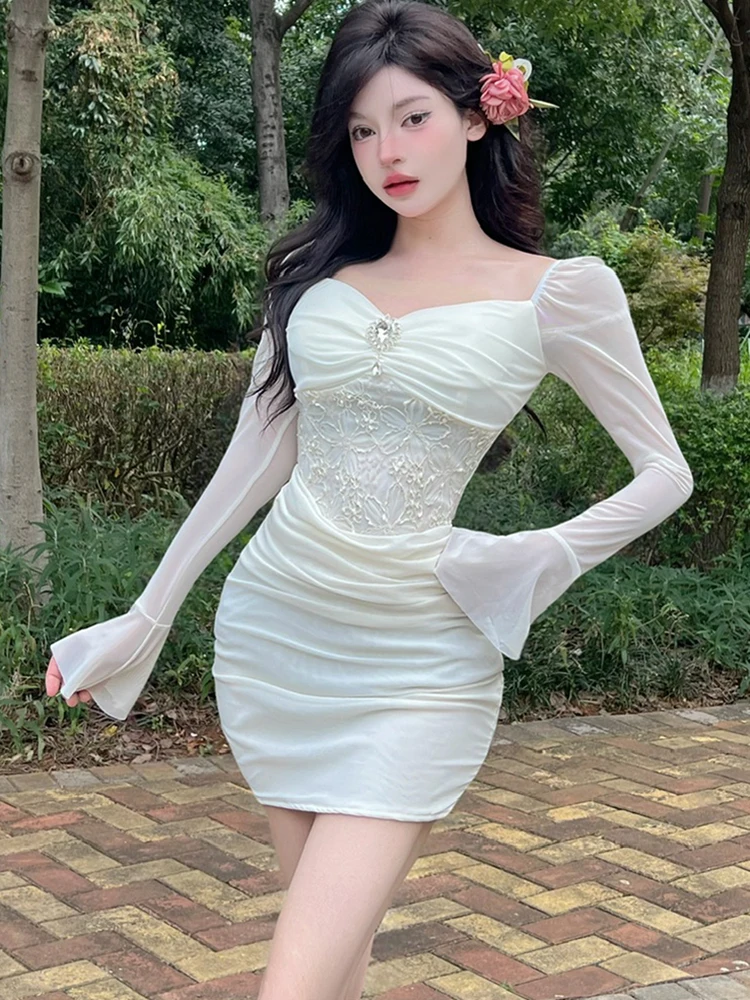 Vestido Sexy de malla negra con diamantes de Jacquard para mujer, Vestido corto ajustado Vintage coreano 2025, vestidos elegantes de cumpleaños para Otoño e Invierno