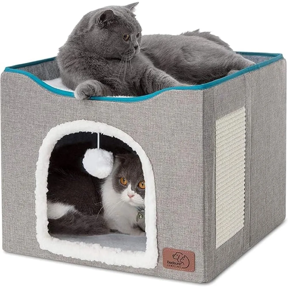 

Cat Beds for Indoor Cats - Large Cat Cave for Pet Cat House with Fluffy Ball Hanging and Scratch Pad