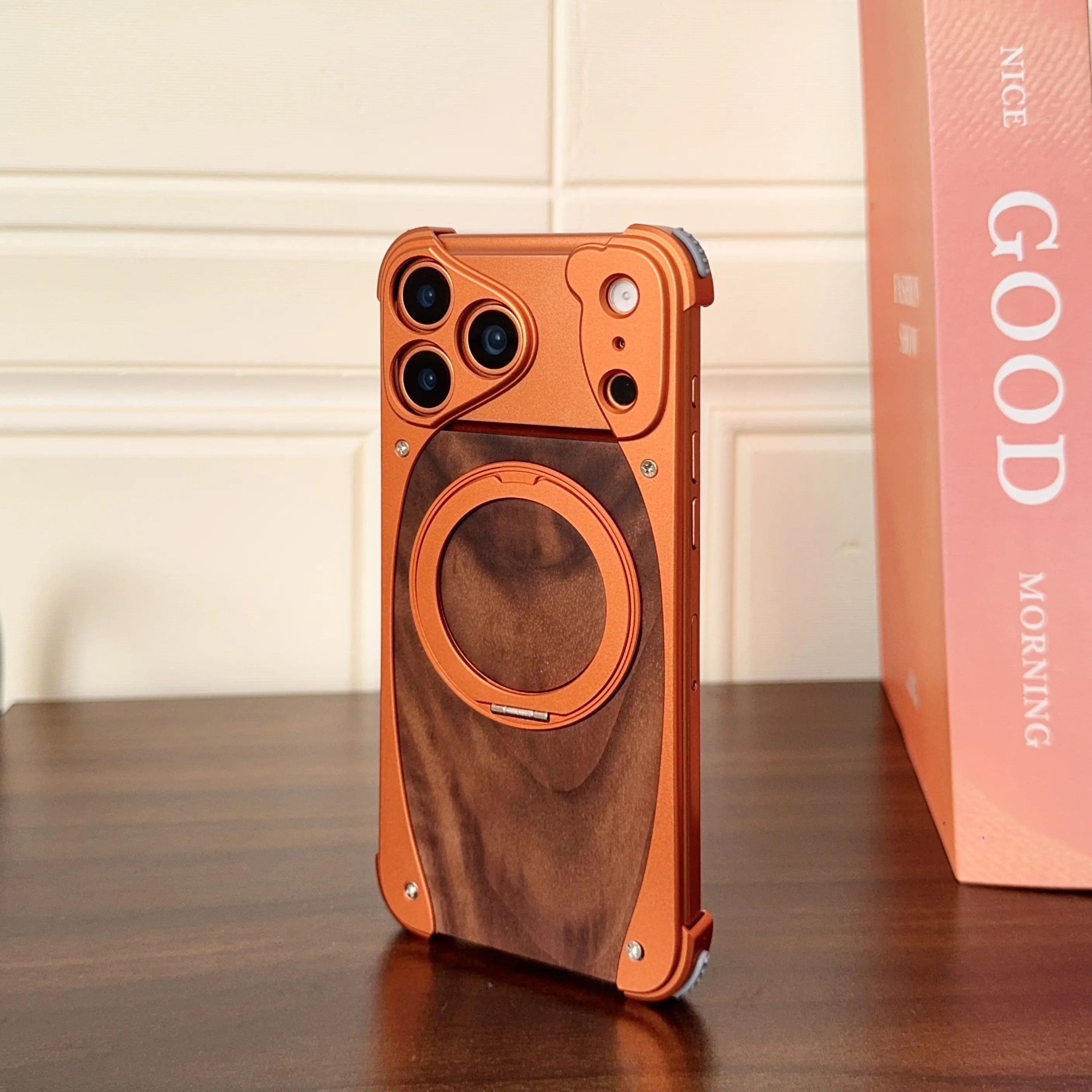 Luxury Metal Frame Walnut Wood Frameless Phone Case For iPhone 18 17 16 15 14 Pro Max Magsafe Magnetic Rotating Bracket Cover