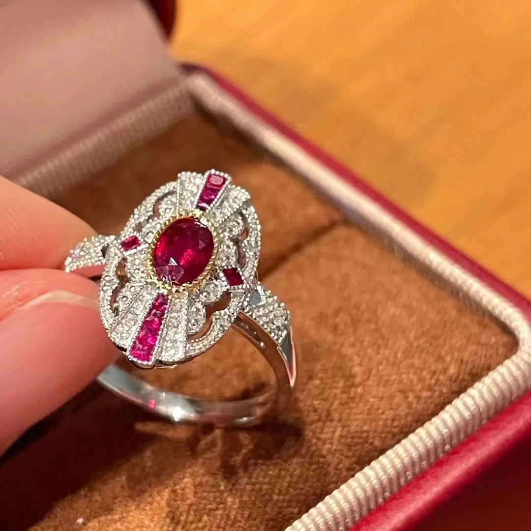 Foydjew Vintage Edward Artdeco desain dua warna cincin emas bertatahkan simulasi merpati darah merah Ruby cincin korundum merah untuk wanita