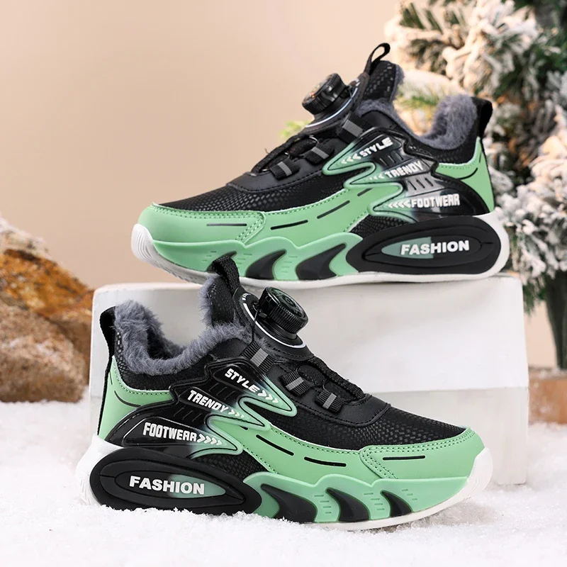 

2026 Children Sports Shoes New Rotating Buckle Winter Plush Warm Walking Shoes Boys Non Slip Lightweight Outdoor Running Tennis