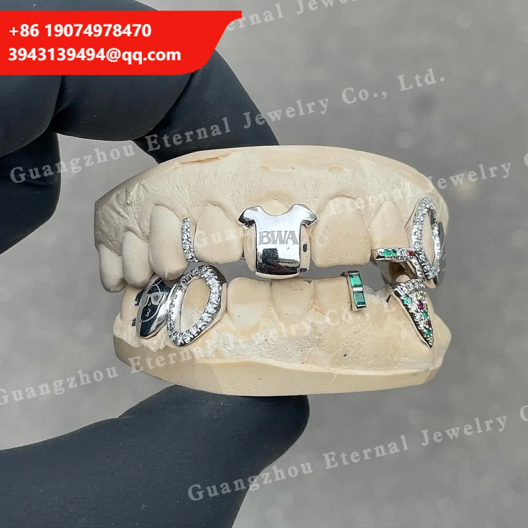 

Custom Women Men Top Bottom 4 6 8 10 Pattern Symbol Logo Letter S925 Silver Gold Moissanite Diamond Open Face Fine Teeth Grillz