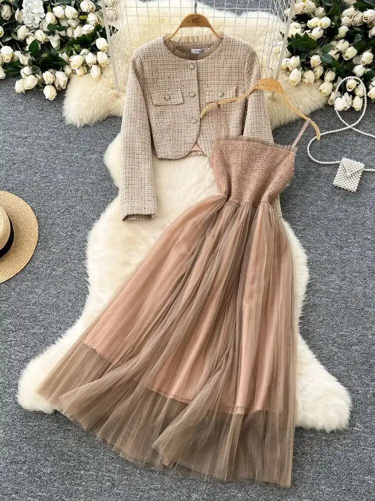 

Women Vintage Jacket Two Piece Sets Spring Autumn French Mesh Dress+Long Sleeve Coarse Floral Short Coat Elegant Outfits