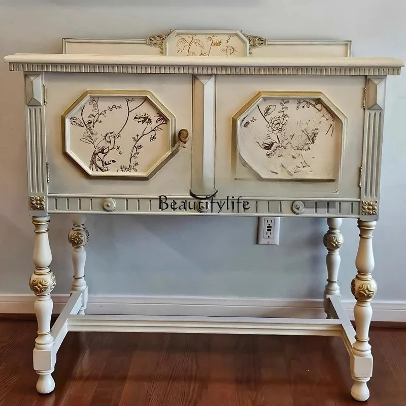 

ls 04French neoclassical entrance cabinet solid wood carving flower art hand-painted foyer decorative cabinet retro style