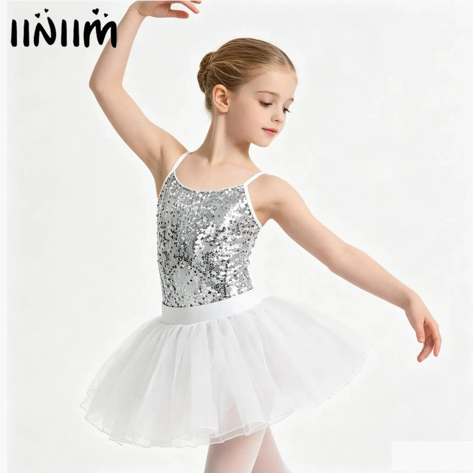 Kids Girls Ballet Tutu Dance Outfits Performance Costume Sparkly Sequined Tops with Elastic Waistband Tutu Layered Skirt