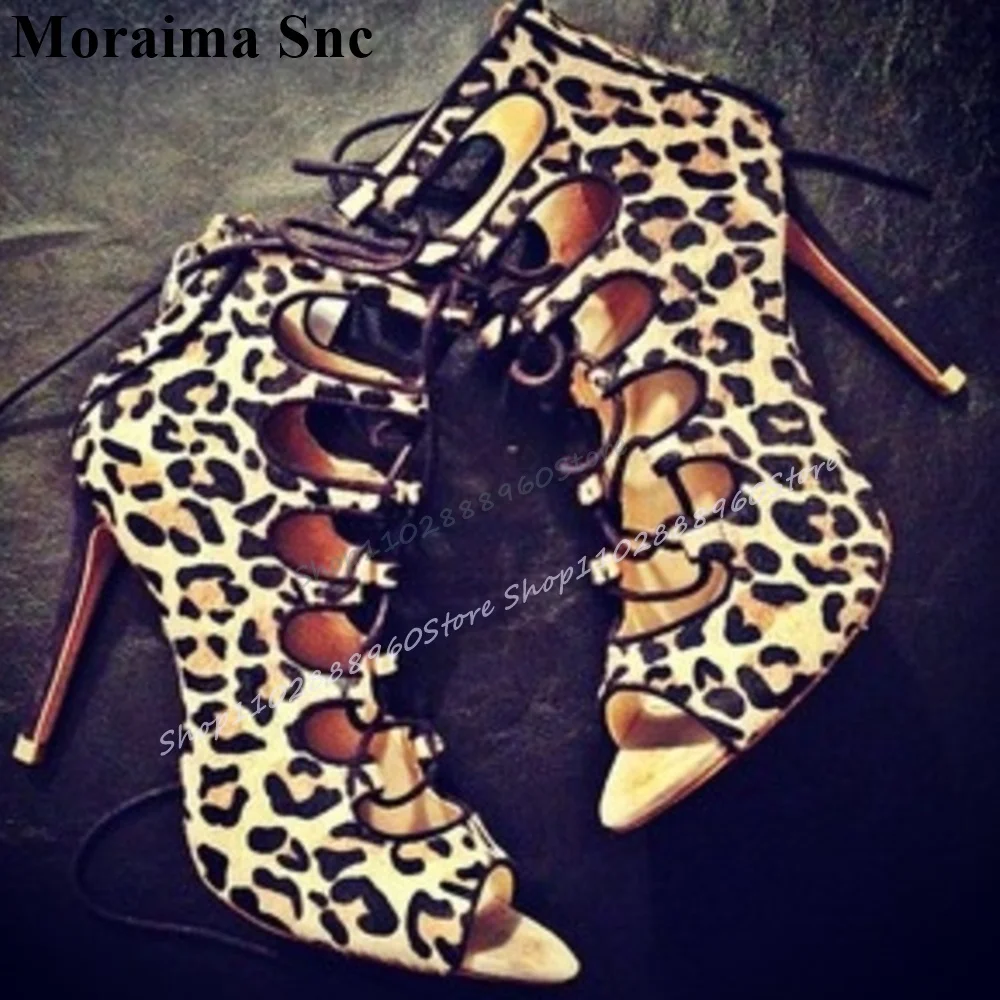 Trendy Leopard Print Cross Tied Sexy Sandals Thin High Heel Women Shoes Back Zipper Peep Toe 2025 Fashion Zapatos Para Mujere