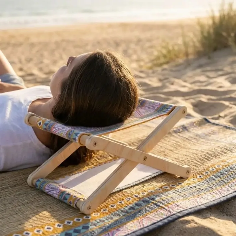 Compact Folding Wooden Beach Pillow Adjustable Height Ergonomic Canvas Lounge Headrest UV Resistant Sunbathing