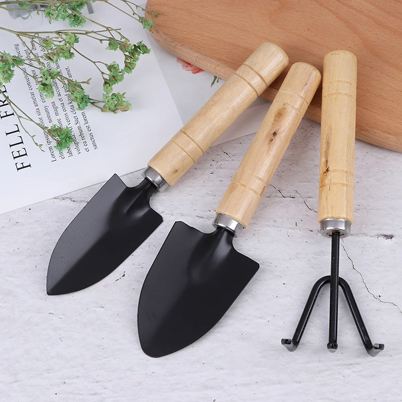 3Pcs/set Mini Garden Tool Sets Shovel Rake Spade Bonsai Tools Set Wooden Handle