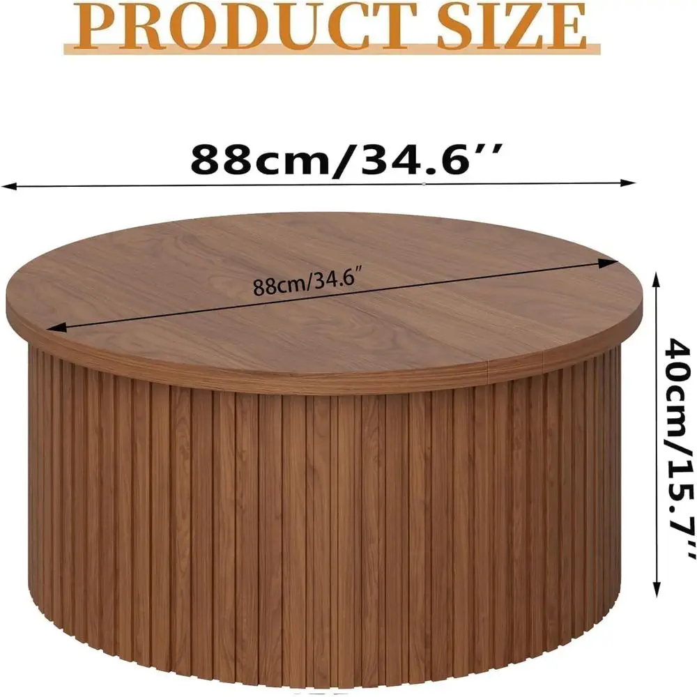 Round Walnut Coffee Table with Storage, 34.6 Diameter, Living Room Centerpiece with Hidden Compartment