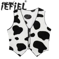 Kids Boys Girls Cowboy Cowgirl Vest Soft Flannel Sleeveless Open Front Cow Print Waistcoat Tops Halloween Fancy Dress Up Costume