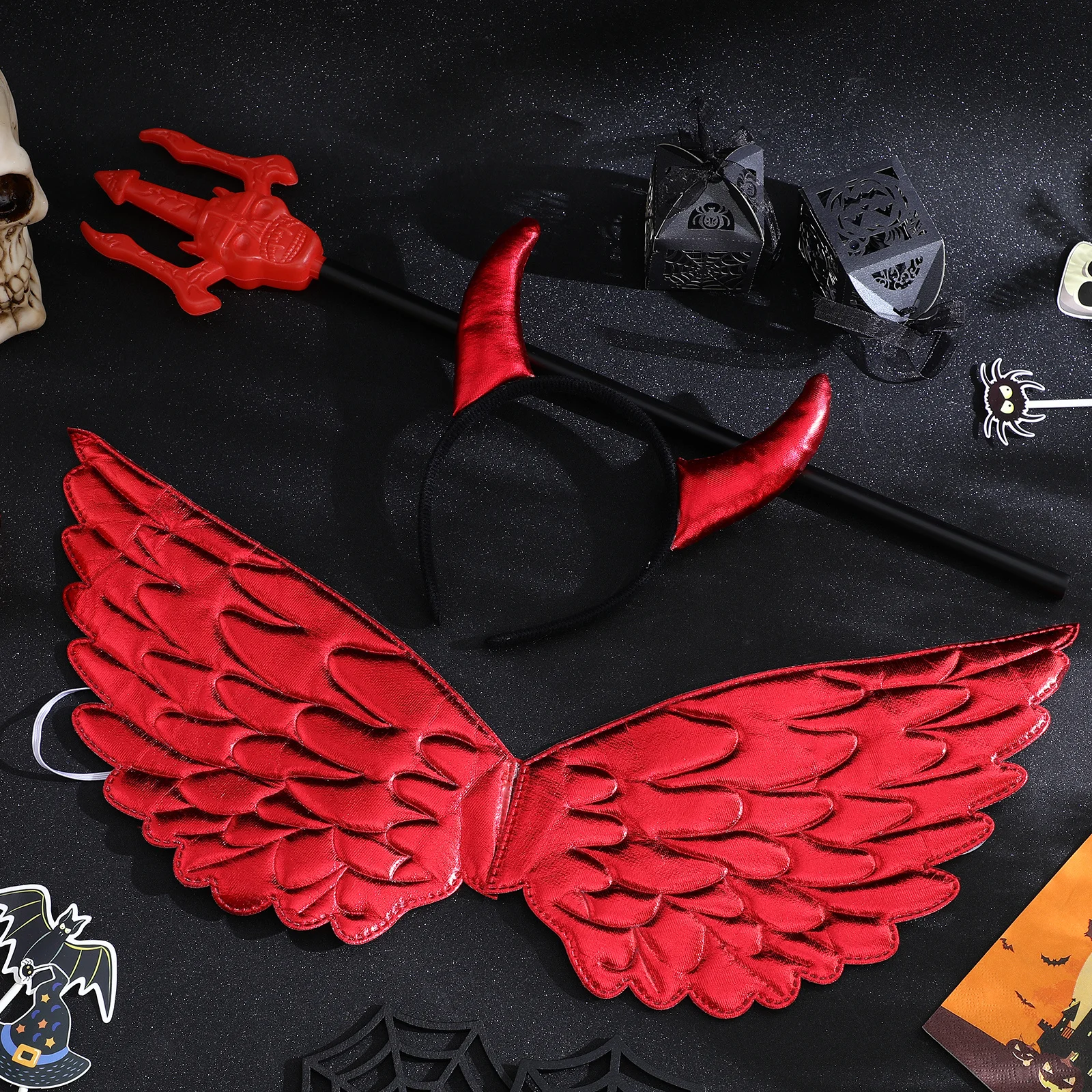 1Set Duivel Vleugels Hoorn Hoofdband Kostuum Set Rode Elastische Haarhoepel voor Halloween Carnaval Cosplay Party Festival Gift Accessoire