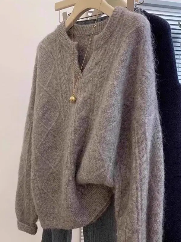 

Elegant Grey V-Neck Knitted Sweater Women's Loose Casual Versatile Base Layer Top Comfortable Long Sleeve Knitwear