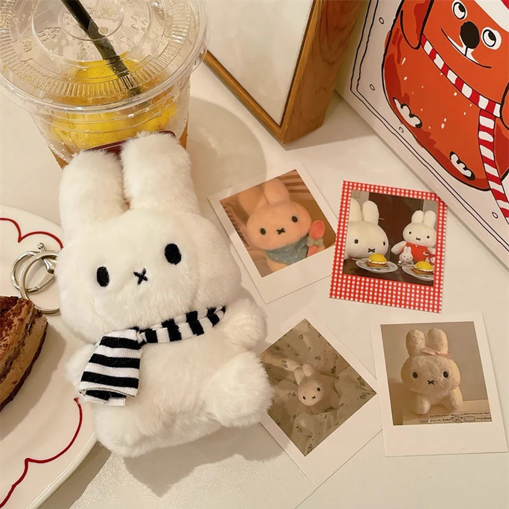 귀여운 미피 카와이 봉제 인형 펜던트 만화 토끼 블랙 화이트 스카프 플러시 펜던트 열쇠 고리 배낭 액세서리 소녀 선물