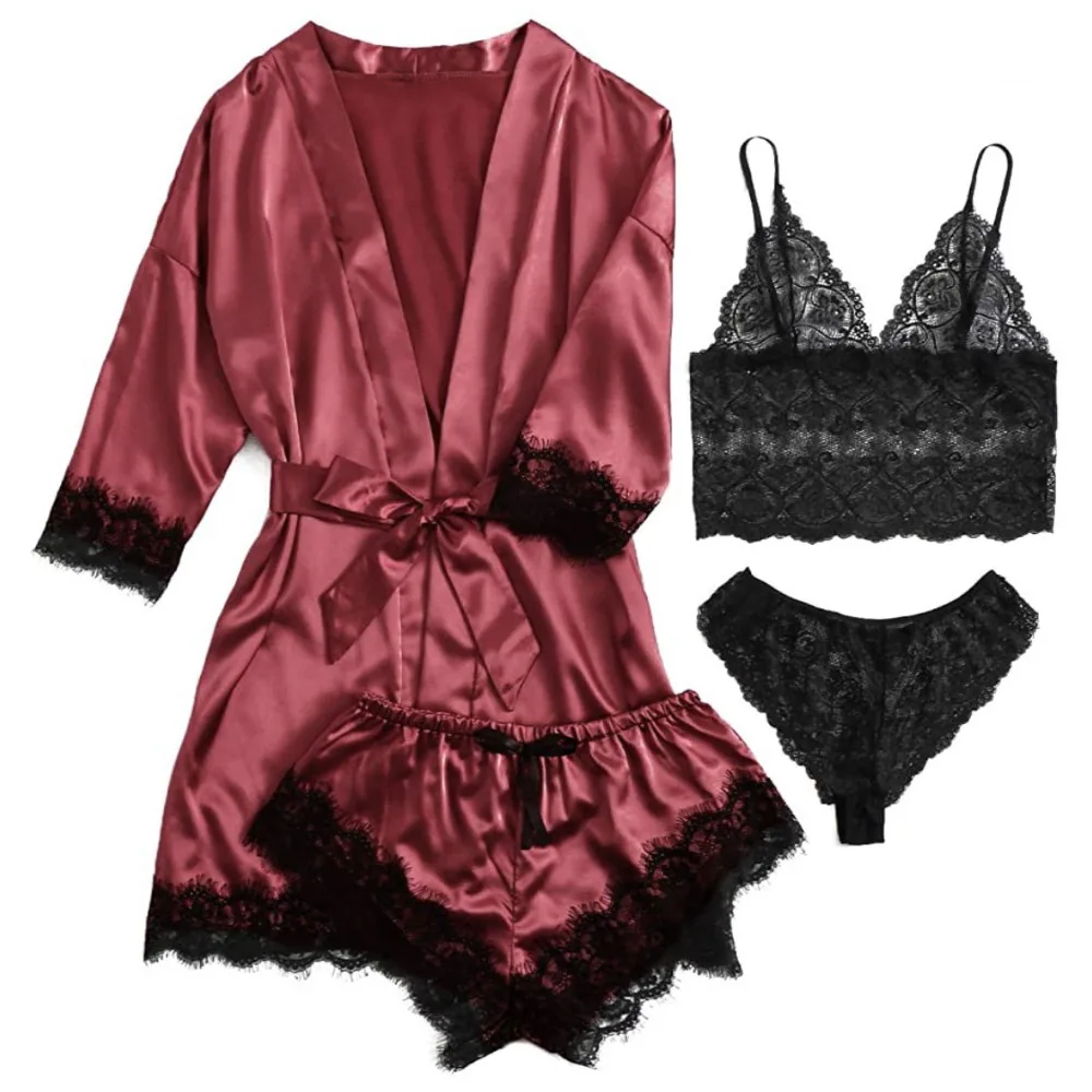 

Women Homewear Elegant Satin Pajamas Outfit V-Neck Bowknot Shorts Camisole Nightdress Loose Panties Lace Sleepwear Sets Home