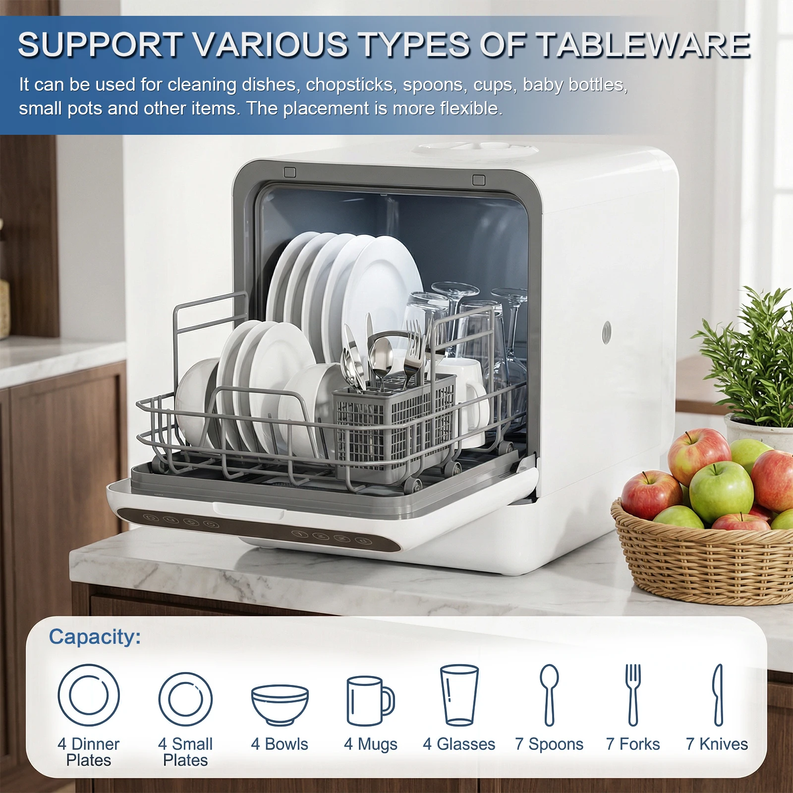 

Portable Dishwasher with 6L Built-in Water Tank Automatic Dishwasher 360° Dual Spray High-Temp& Air-Dry Function for Apartments