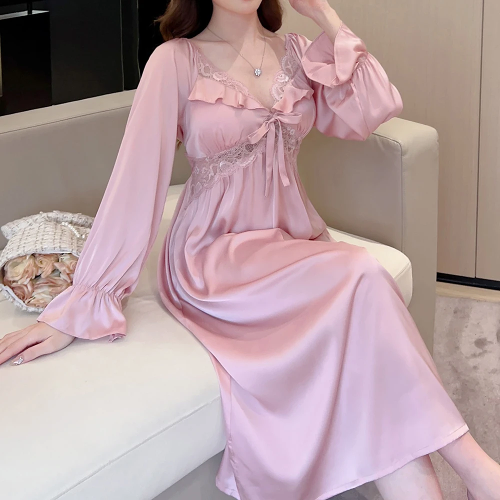 Long Nightgown Women Sleepwear Soft Satin Sleep Dress Nightdress Spring Autumn Home Dress Gown Loose Intimate Lingerie Nightwear