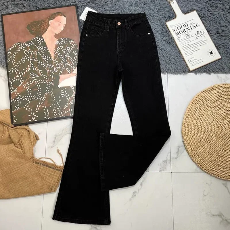 

Women Thin Solid Flared Jeans Lady Fashion Classic High Waist Pants Female Korean Narrow Straight Leg Denim Trousers