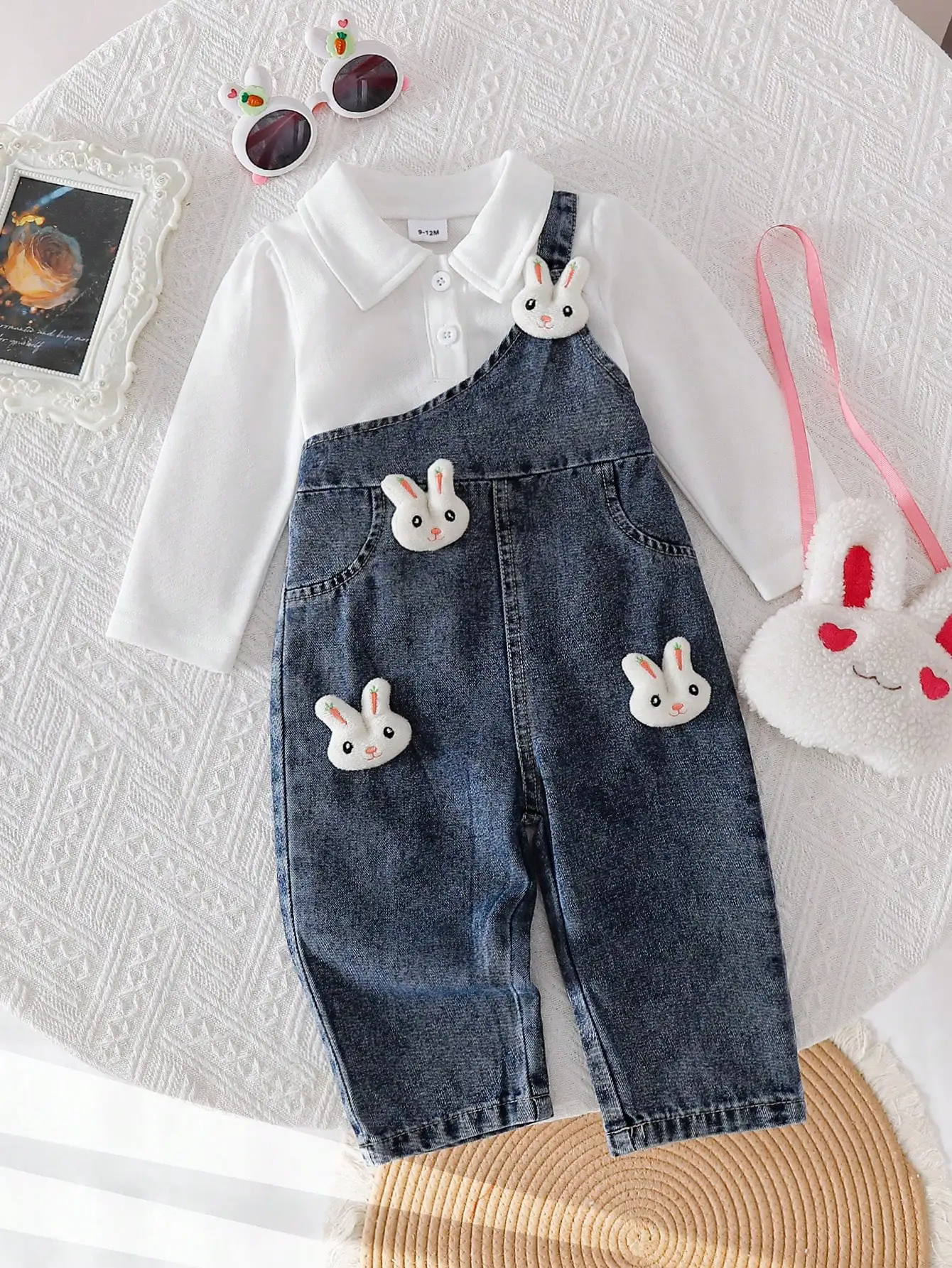 Two piece set of baby girl bubble long sleeved POLO top and three-dimensional bunny jumpsuit denim pants suitable for outdoor pl