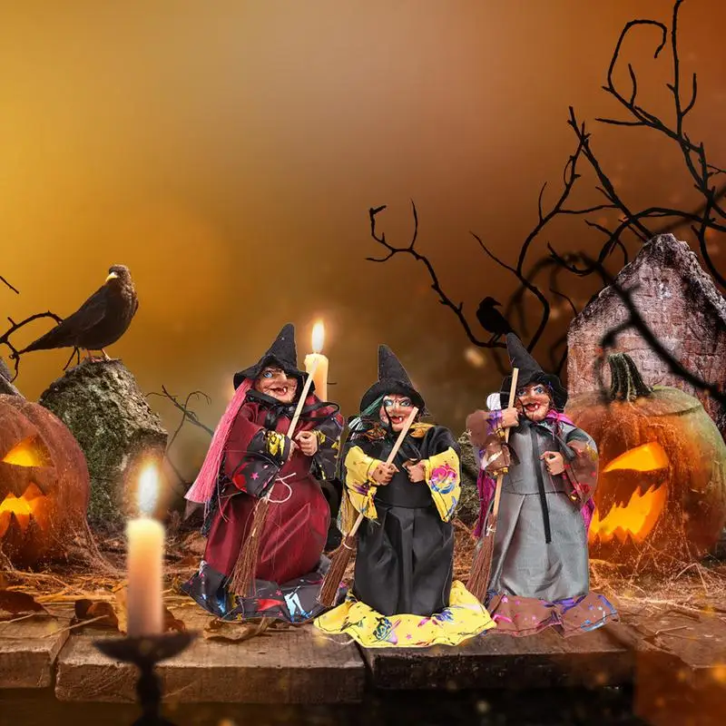 Figura de bruja de Halloween 3X muñeca de bruja decorativa Festival de terror escoba muñeca ornamento para decoraciones del hogar habitación de los niños