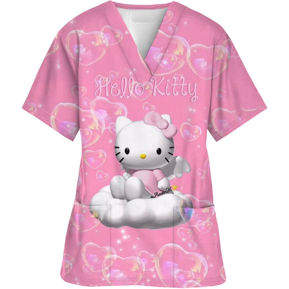 V-Neck Pocket Hello Kitty Care Workers T-Shirt Tops Clinic Working Clothing Women Short Sleeve Scrub Tops Print Nurse Uniform