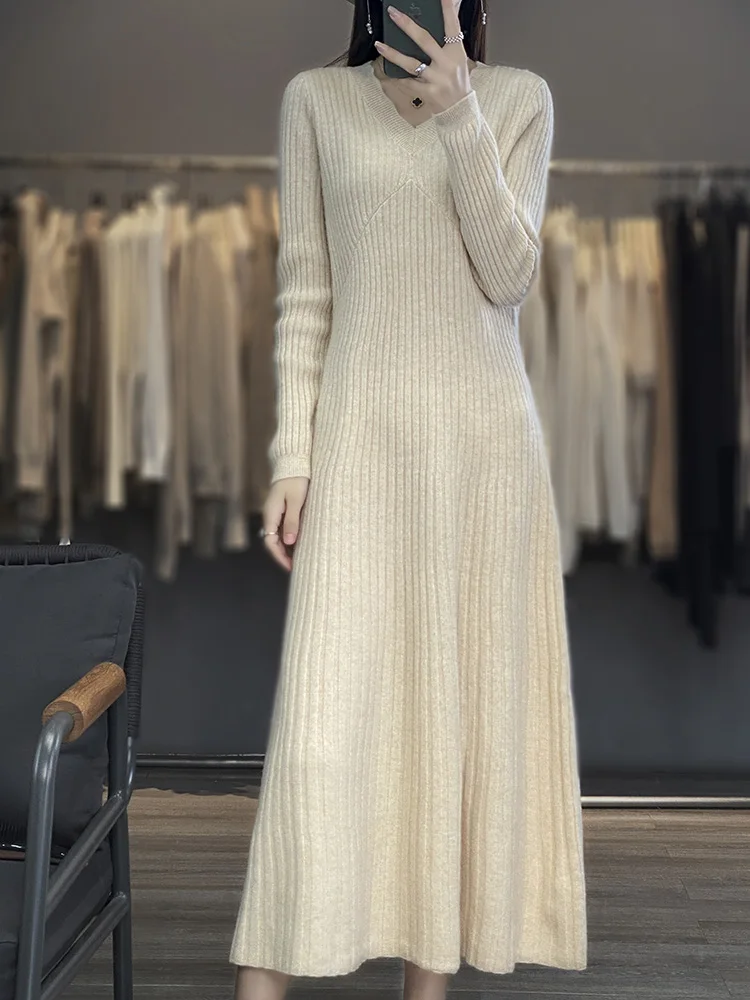 Cashmere Dress Woman's Clothes V-Neck Pullover Long Sweater Autumn Winter 100% Merino Wool Knitted Long Skirt Fashion Korean