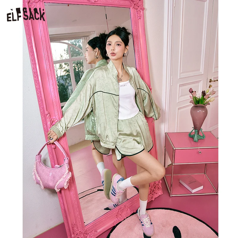 ELFSACK 2024 summer new arrival picnic travel vacation holiday soft comfortable fitted New Chinese style set satin jacquard spor