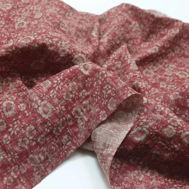 1meter Ramie Cotton Linen Blend Fabric Deep Red Tiny Floral Print Vintage Soft Breathable Lightweight Dress Qipao DIY Sewing