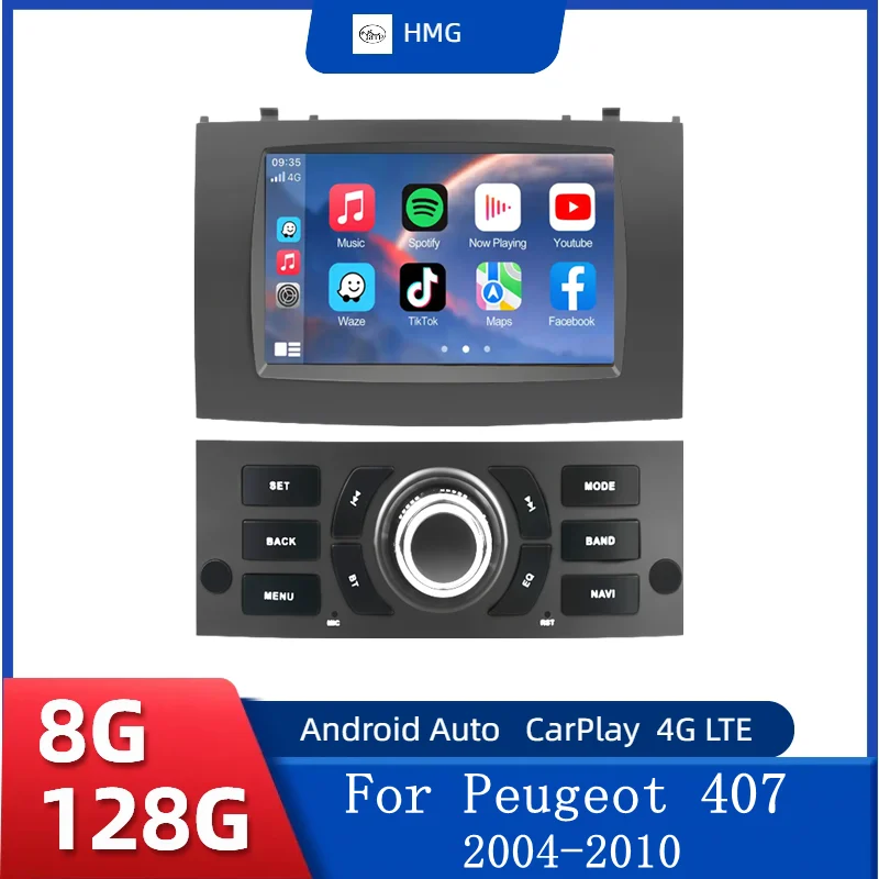HMG Android 15 Car Radio For Peugeot 407 2004-2010 CarPlay Android Auto Multimedia Player GPS Navi BT 2 DIN SWC Wifi DSP 7″