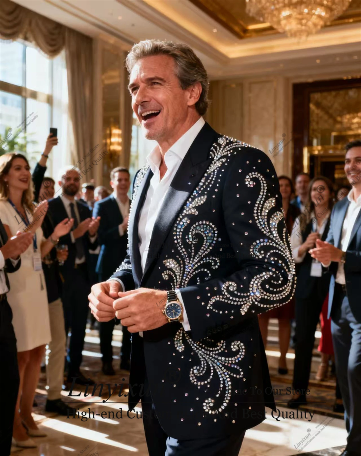 

Handsome Rhinestone Beaded Men Suits Customized Ropa Hombre Peaked Lapel Groom Tuxedos 2 Pieces Sets Male Party Prom Blazer