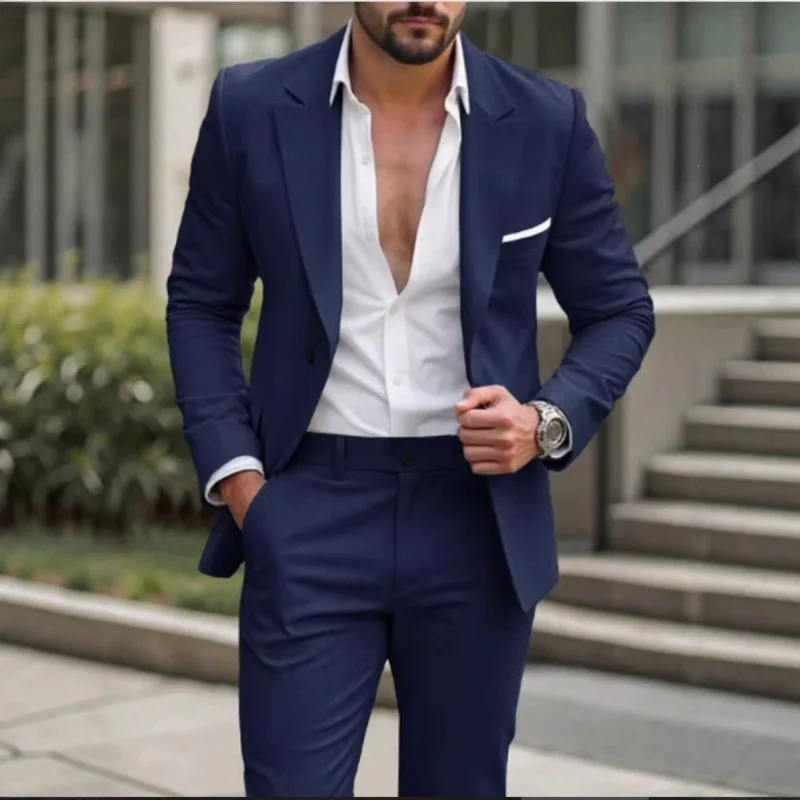 Men Two Piece Business Suit Set Slim Fit Korean Style Wedding Groomsman Formal Blazer Pants