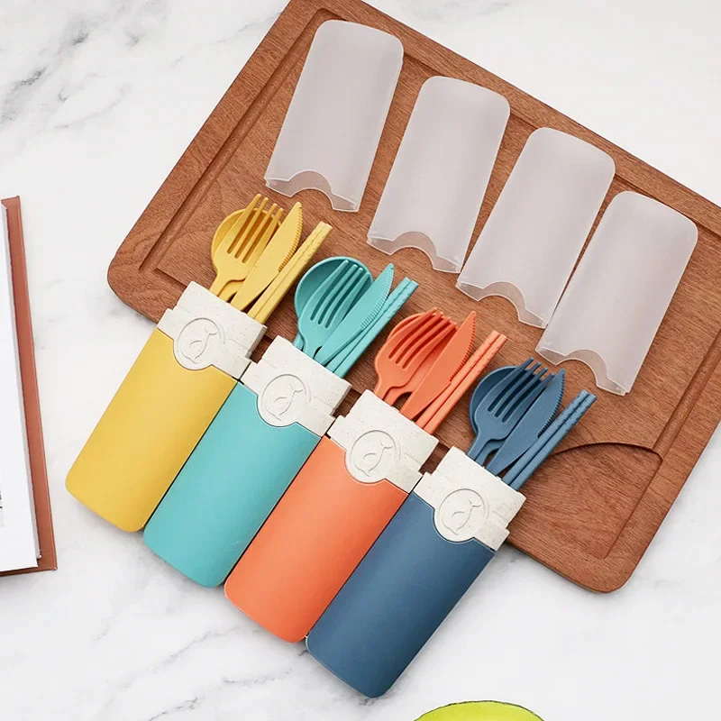 Portable Reusable Spoon Fork Travel Picnic Chopsticks Wheat Straw Tableware Cutlery Set with Carrying Box for Student Office