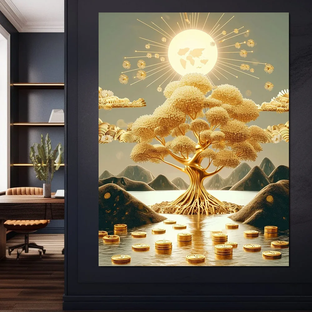 

Modern Simple Golden Fortune Tree Yuanbao Landscape Canvas Painting European Cornucopia Fortune Tree Art Poster Porch Home Decor