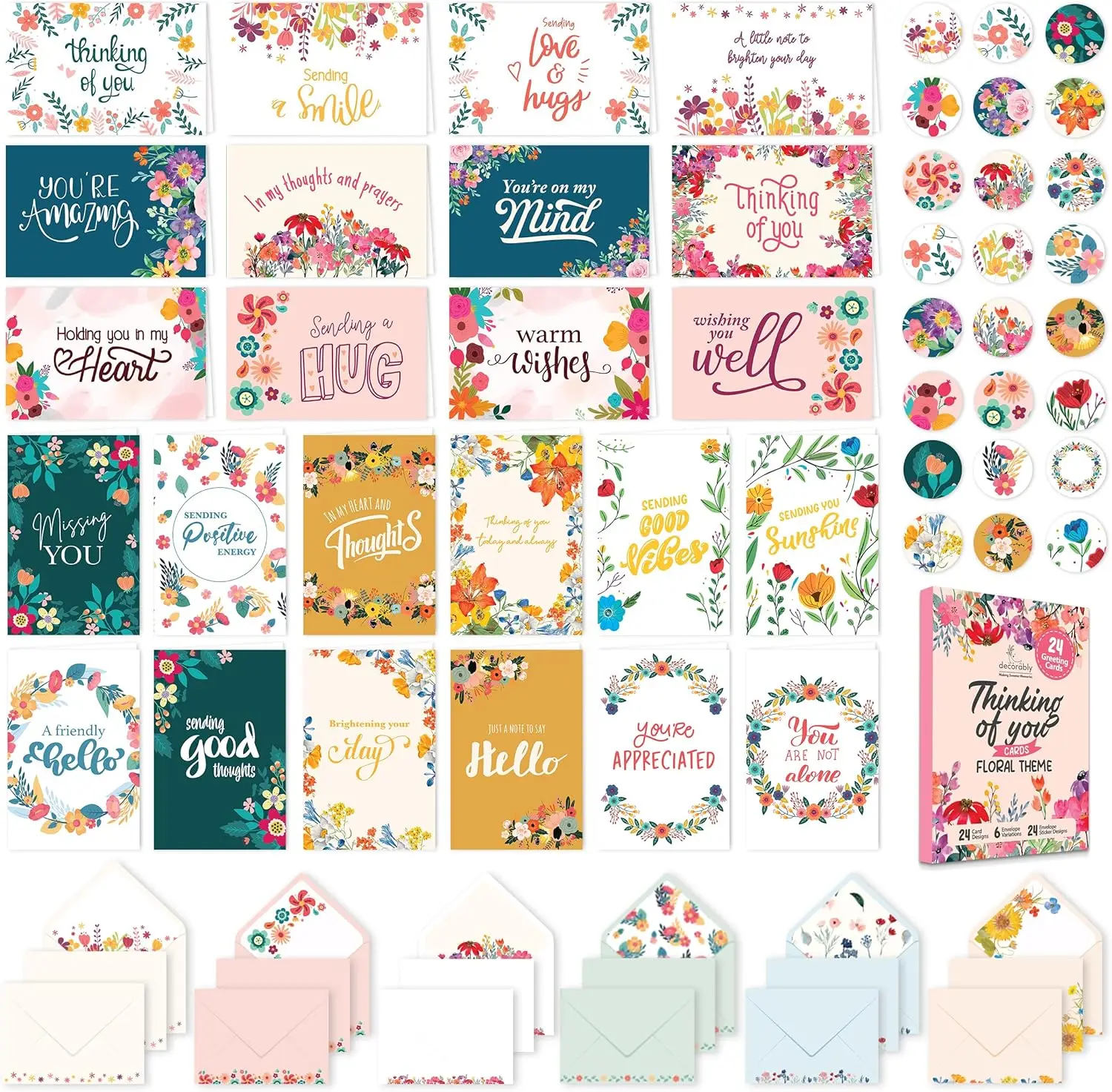 24 Pack 6x4in Floral Assorted Thinking of You Cards with Envelopes and Stickers, 24 Unique Designs Box of Cards Thinking of You