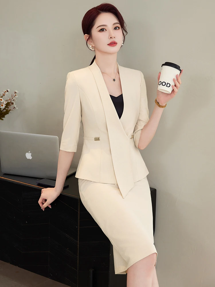 NAVIU ใหม่ฤดูใบไม้ผลิฤดูร้อนหญิง Elegant ผู้หญิงชุดกระโปรง Apricot Navy Blue Blazer และกระโปรงสํานักงานธุรกิจ Lady 2 ชิ้นชุด