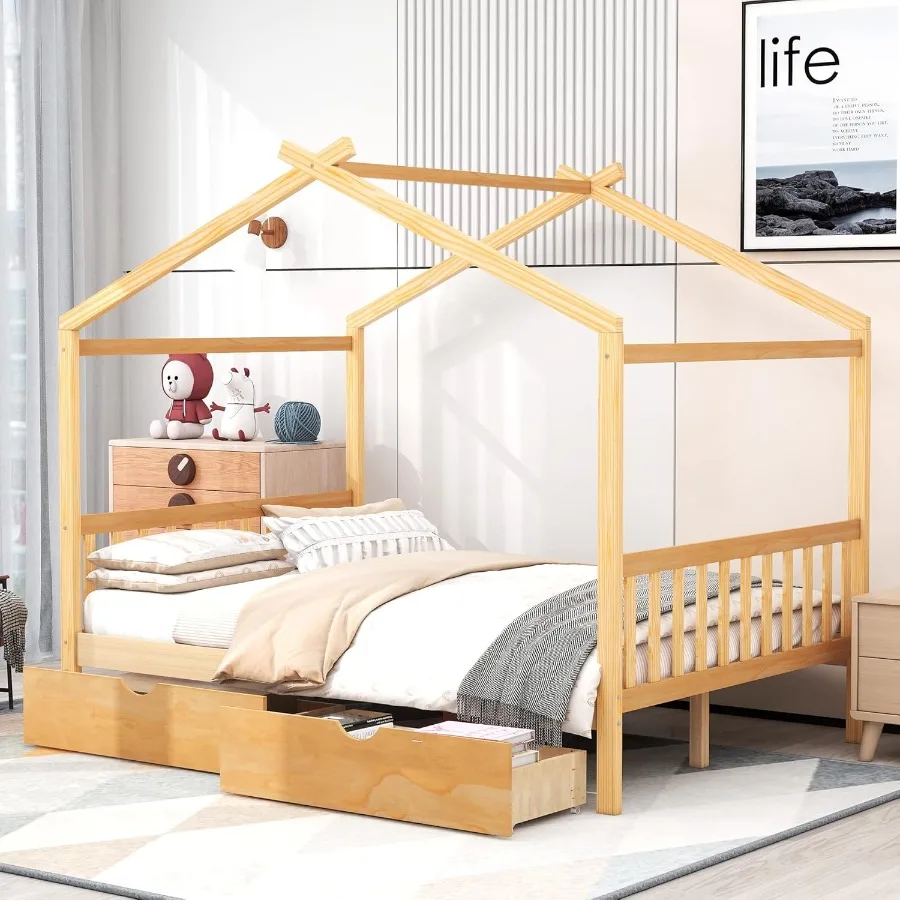 Full Size House Bed for Montessori Wood Platform Frame With 2 Storage Drawers Headboard and Footboard Ideal for Girls Boys Bedr