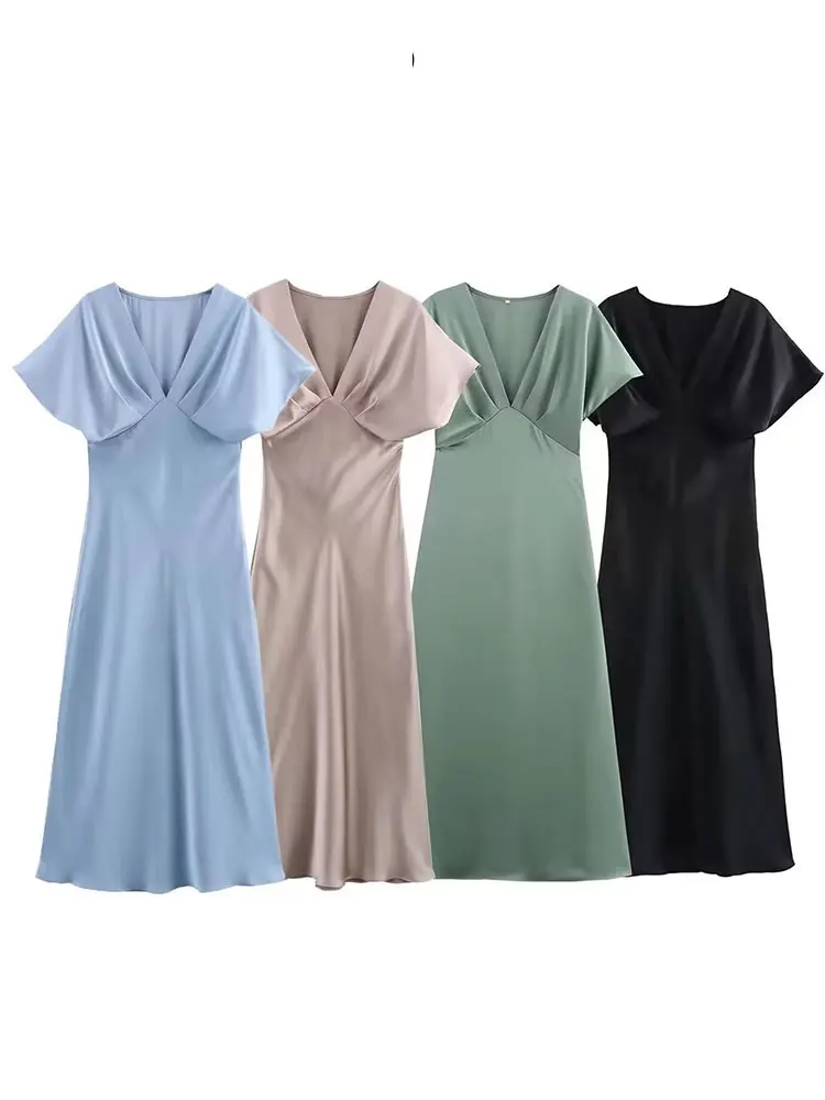 HH فستان صيفي نسائي عتيق من الساتان بأكمام قصيرة ورقبة على شكل حرف v مطوي مستقيم بيجامة نمط أنيق طويل فيستدوس #4